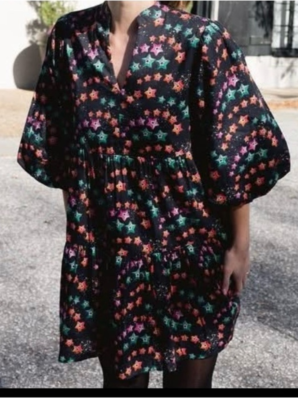 Briton Court Black Dress with Teal Pink and Purple Star Print, NWT, size Large.